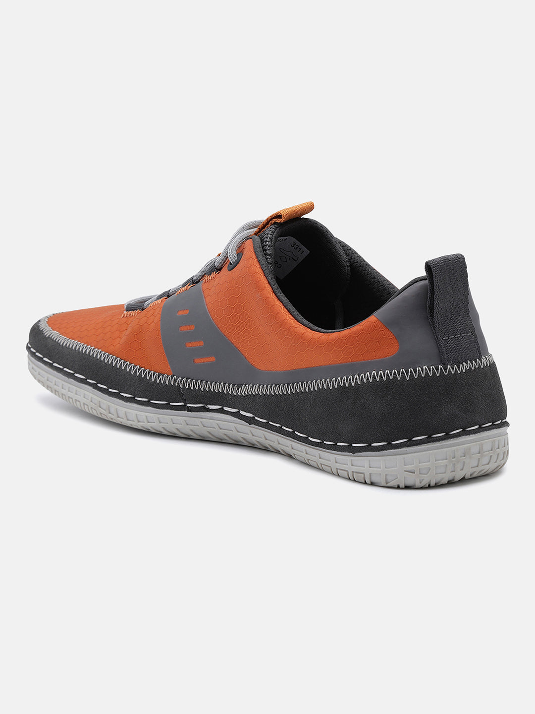 Orange low-top sneaker by Bugatti featuring a honeycomb pattern, gray accents, and white stitching.