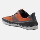 Orange low-top sneaker by Bugatti featuring a honeycomb pattern, gray accents, and white stitching.