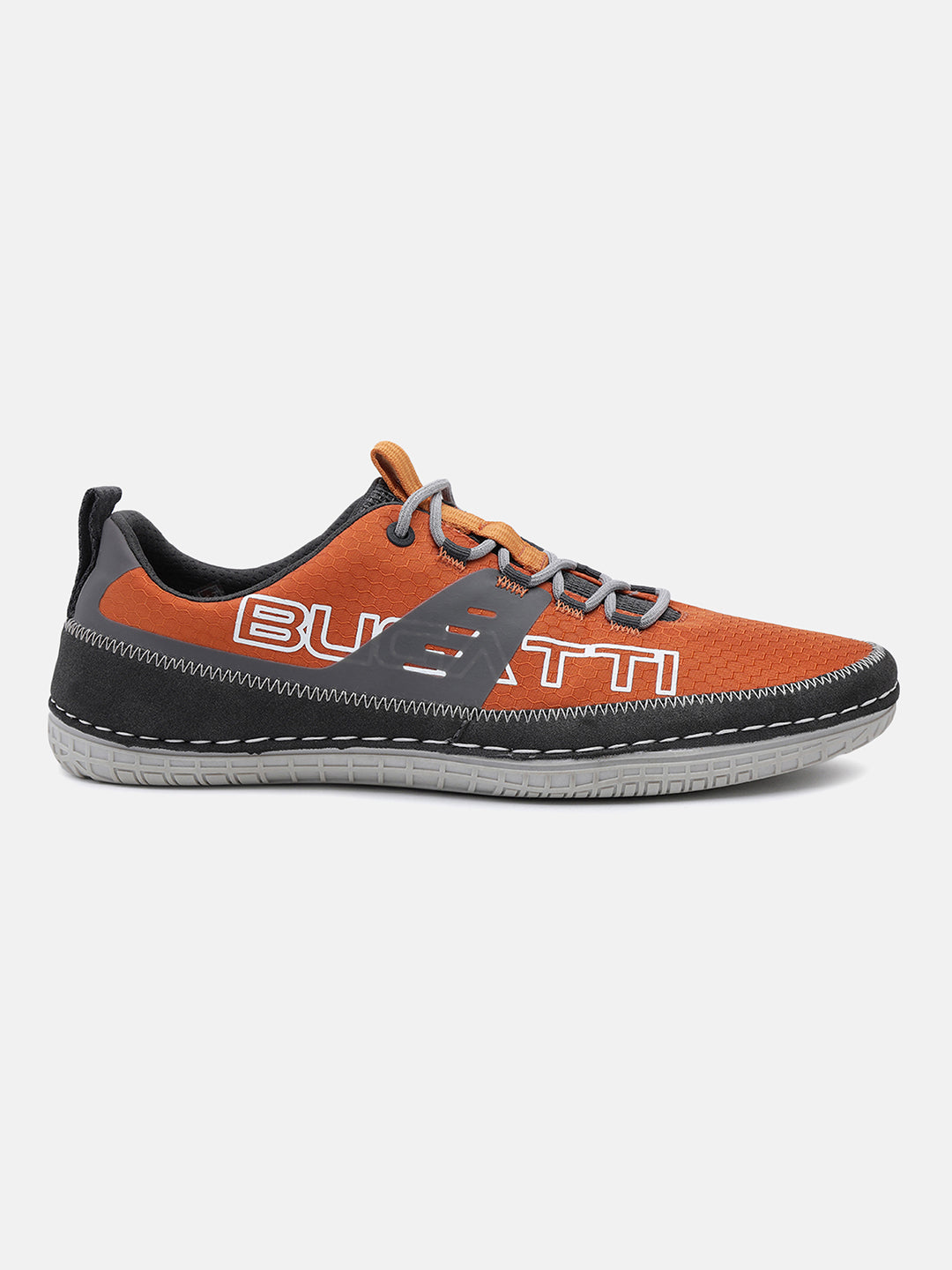 Orange low-top comfort sneakers by bugatti, with grey accents on the heel, tongue, and laces.