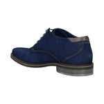 Side view of a bugatti Gagno blue leather derby shoe with a textured upper and brown accents.
