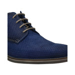Cropped view of a bugatti Gagno blue shoe in premium leather, featuring textured detail and gray laces.
