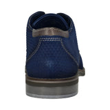 Back view of a blue bugatti leather derby shoe with textured pattern and contrasting sole.
