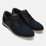 bugatti Sandman comfort casual shoes in dark blue mesh with leather accents and a light sole.