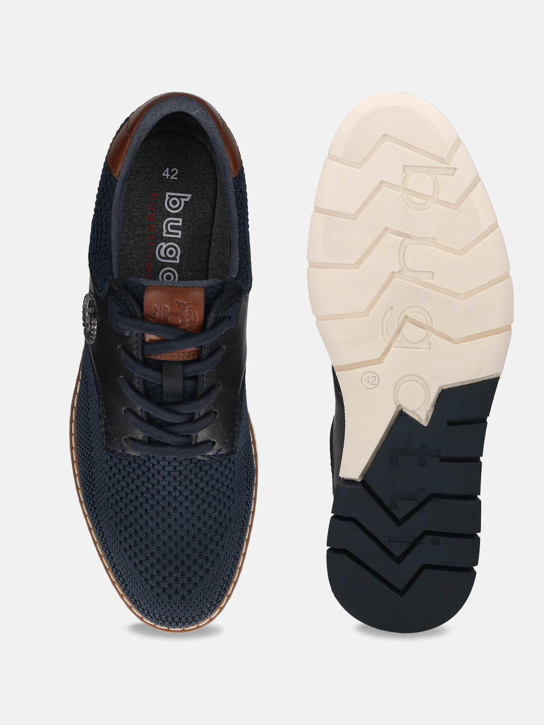 bugatti Sandman comfort casual shoe in dark blue, featuring a mesh texture, leather accents, and a light-colored sole with the brand logo.