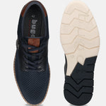 bugatti Sandman comfort casual shoe in dark blue, featuring a mesh texture, leather accents, and a light-colored sole with the brand logo.