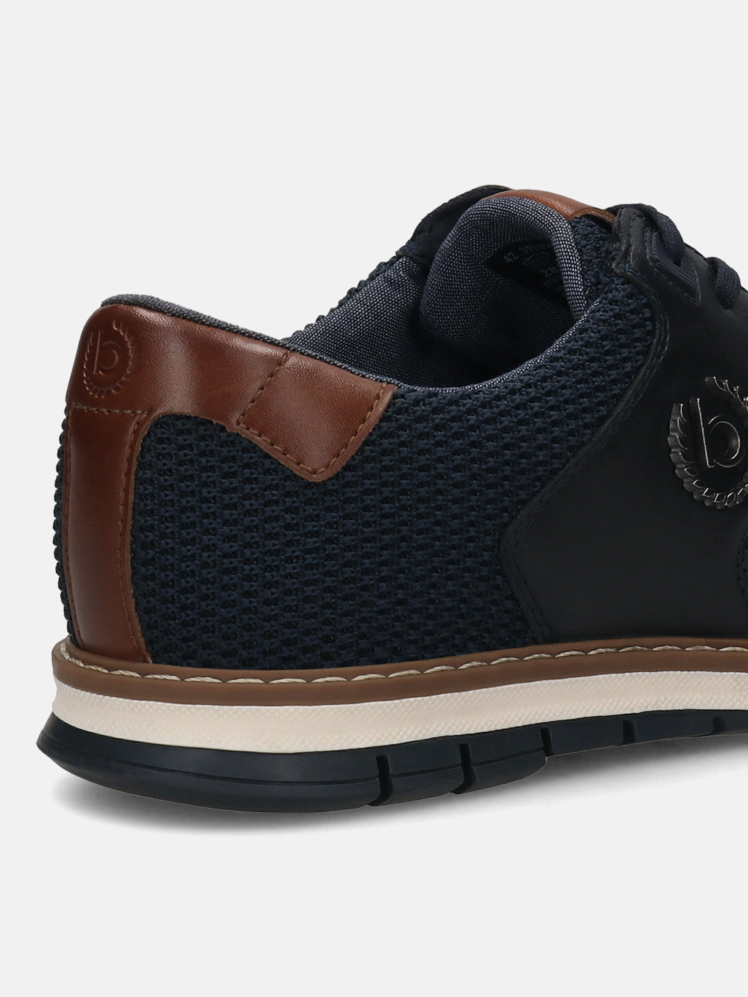 Cropped back view of a bugatti Sandman Comfort Casual Shoe in dark blue with brown leather detailing.