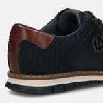 Cropped back view of a bugatti Sandman Comfort Casual Shoe in dark blue with brown leather detailing.