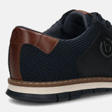 Cropped back view of a bugatti Sandman Comfort Casual Shoe in dark blue with brown leather detailing.