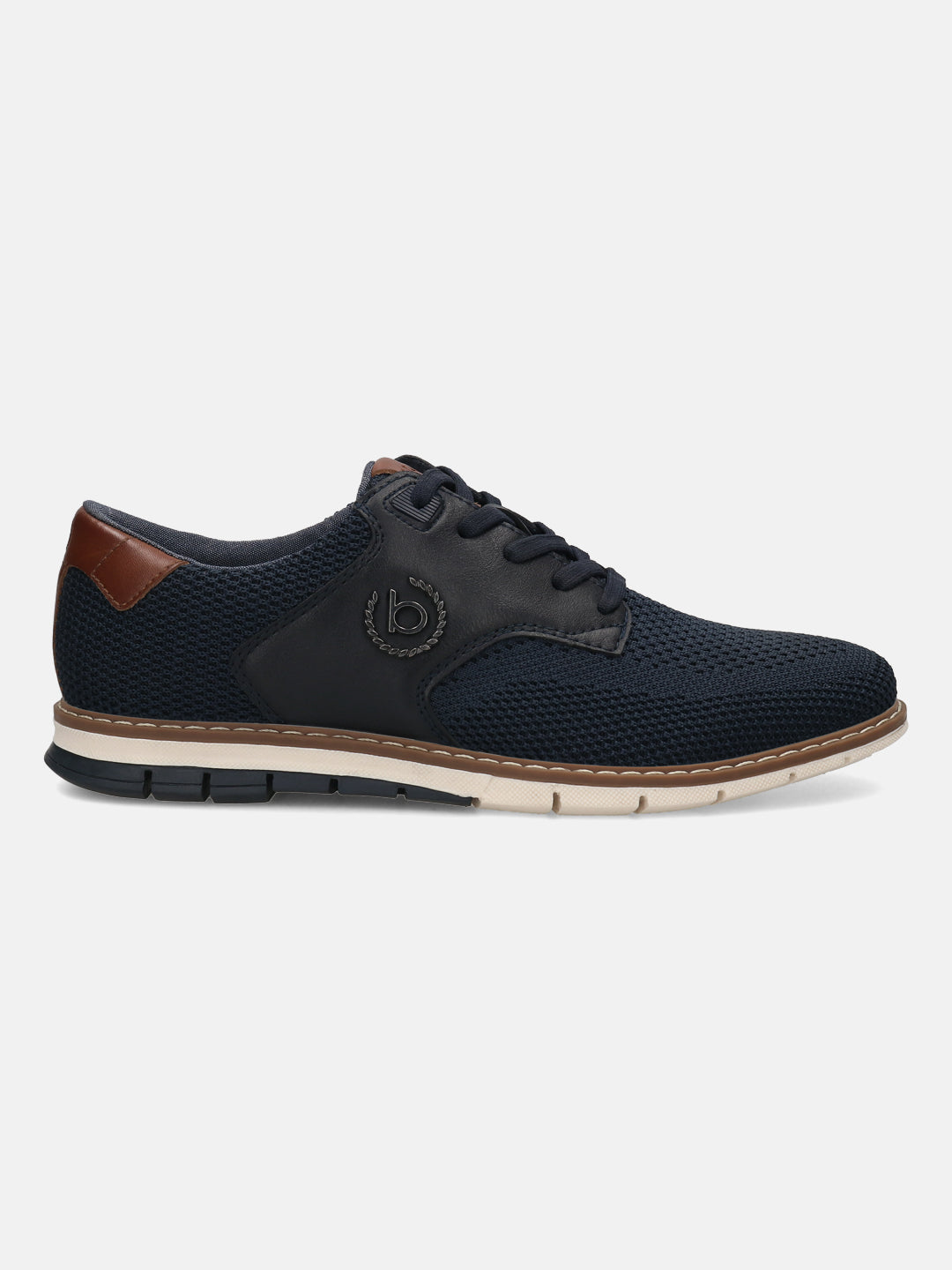 Side view of a bugatti Sandman casual shoe in dark blue with leather accents and a textured knit upper.