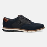 Side view of a bugatti Sandman casual shoe in dark blue with leather accents and a textured knit upper.