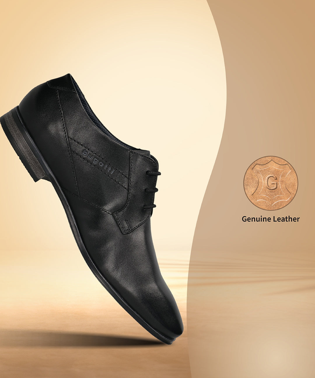 Black leather formal derby shoes by bugatti, with a textured sole and a shiny finish.