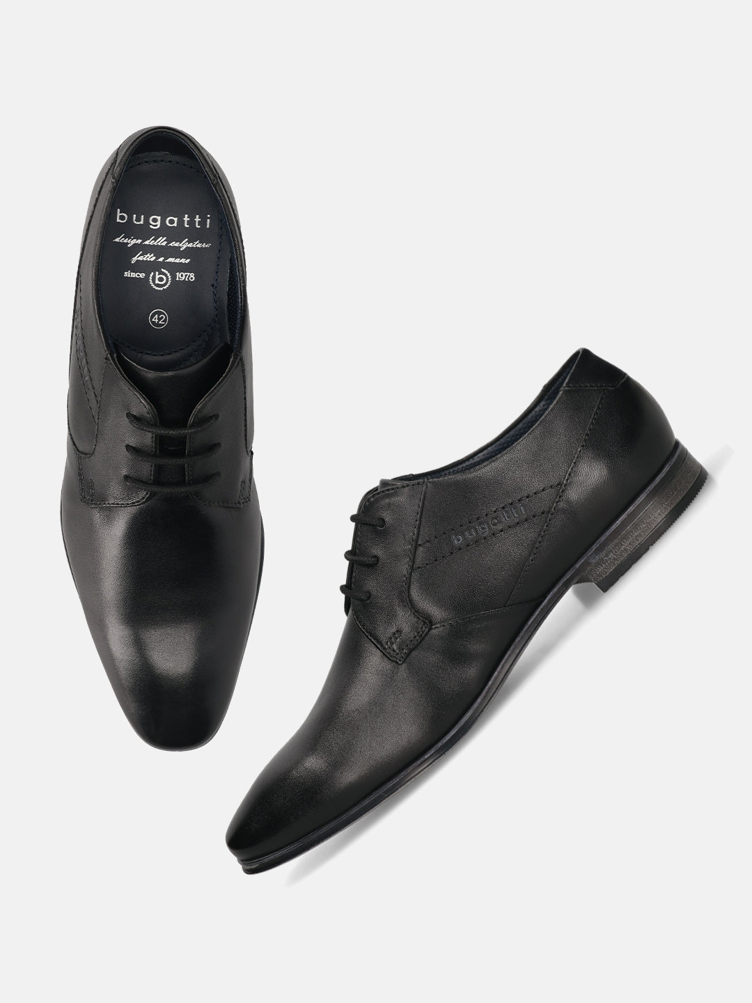 Black leather formal shoes by bugatti, with visible laces and fine stitch detailing.