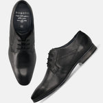 Black leather formal shoes by bugatti, with visible laces and fine stitch detailing.