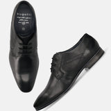 Black leather formal shoes by bugatti, with visible laces and fine stitch detailing.