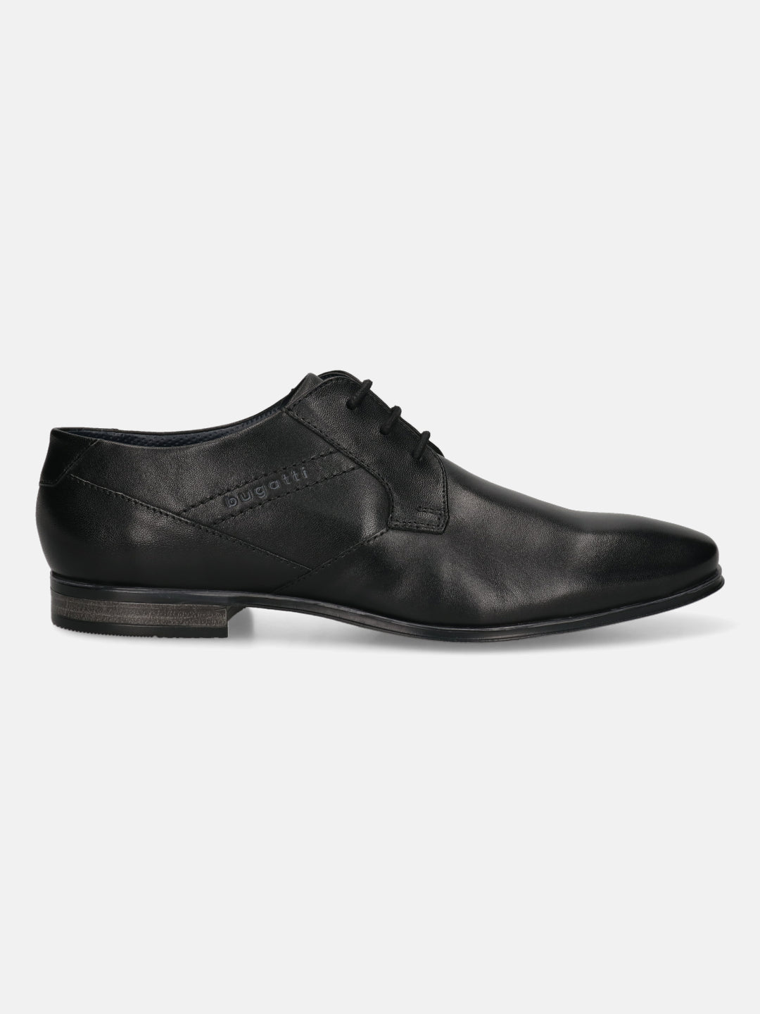 Black leather derby formal shoe by bugatti with subtle textured details and a low heel, shown in a side view.