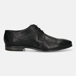Black leather derby formal shoe by bugatti with subtle textured details and a low heel, shown in a side view.