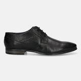 Black leather derby formal shoe by bugatti with subtle textured details and a low heel, shown in a side view.
