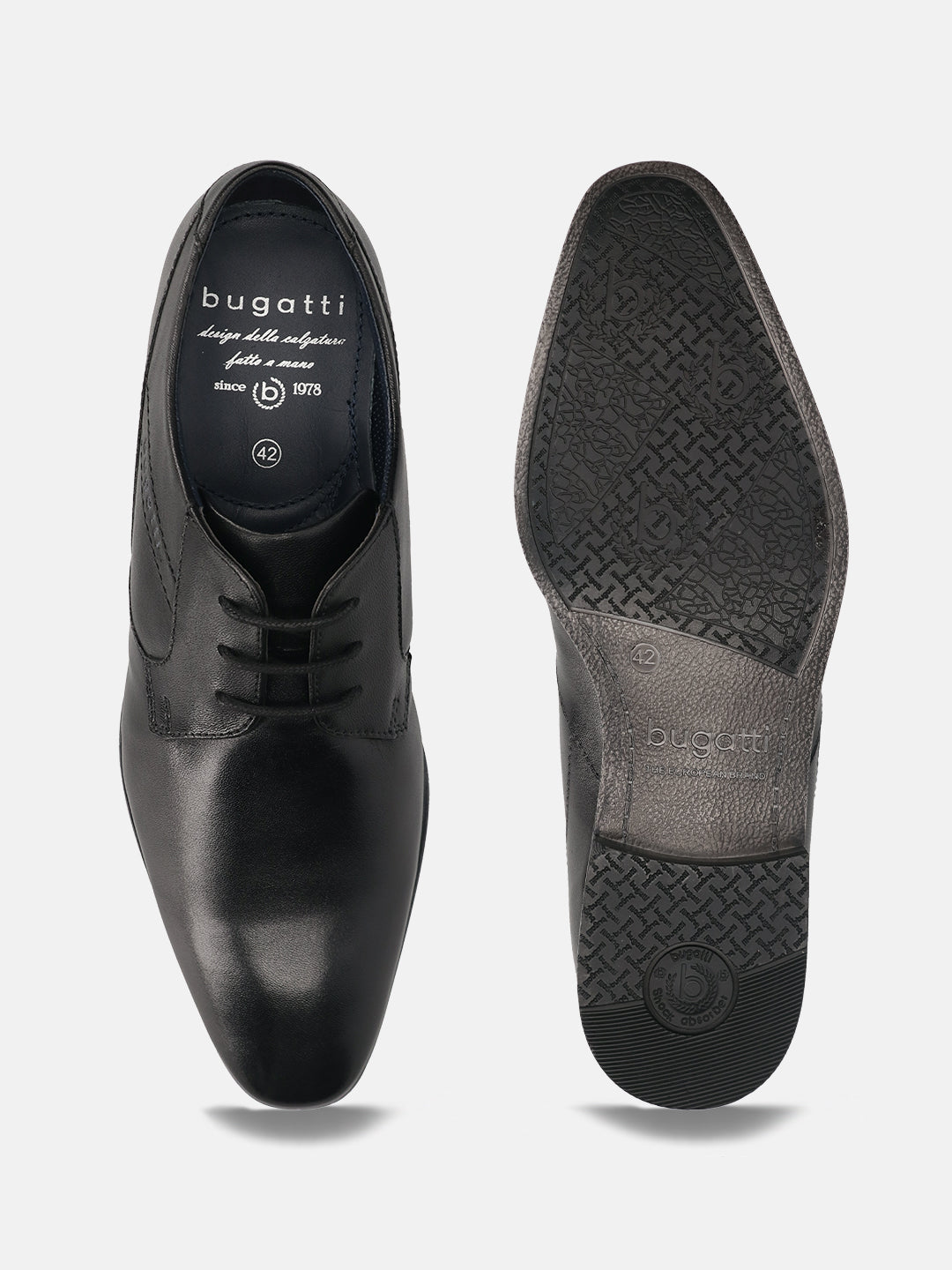 Black leather derby shoes by bugatti displaying smooth texture, top and sole views.