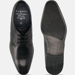 Black leather derby shoes by bugatti displaying smooth texture, top and sole views.