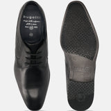 Black leather derby shoes by bugatti displaying smooth texture, top and sole views.