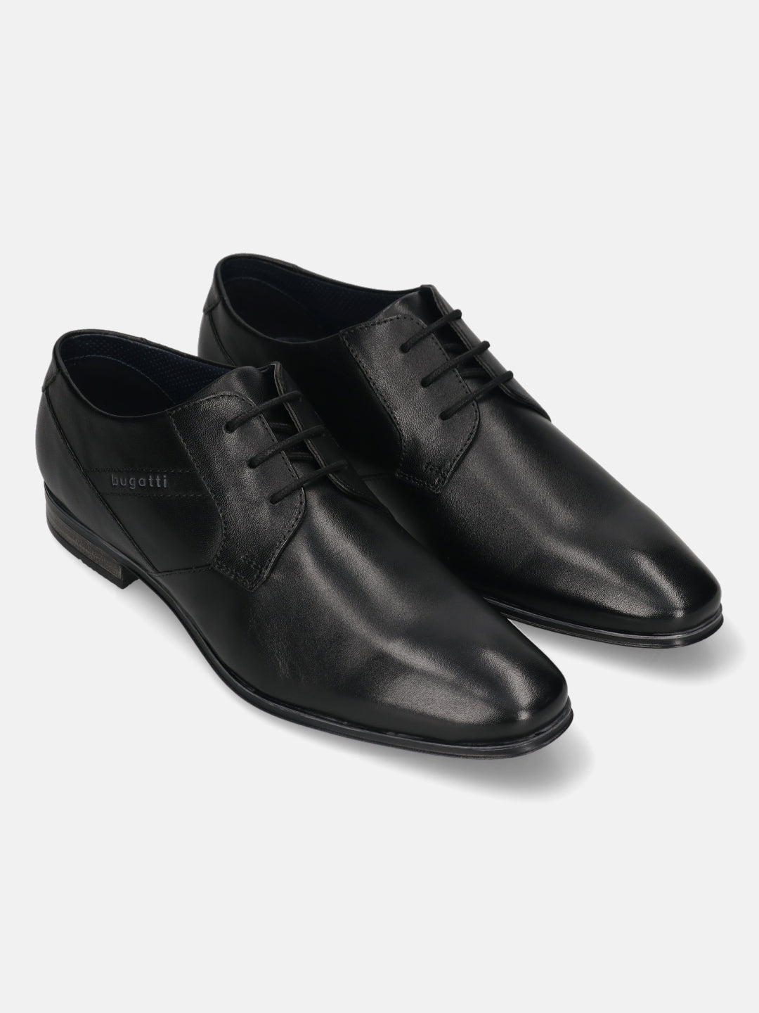 Black leather derby shoes by Bugatti, with black laces and a subtly textured upper.
