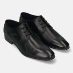 Black leather derby shoes by Bugatti, with black laces and a subtly textured upper.