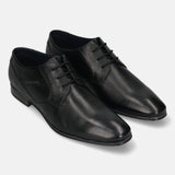 Black leather derby shoes by Bugatti, with black laces and a subtly textured upper.
