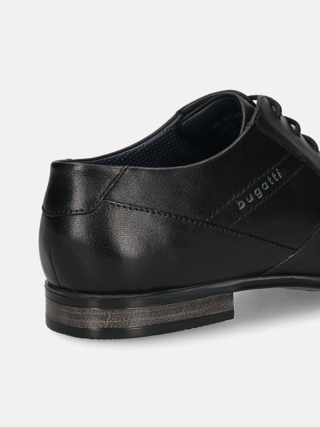 Black premium leather derby shoes by bugatti with a low heel and subtle stitching details.