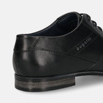 Black premium leather derby shoes by bugatti with a low heel and subtle stitching details.