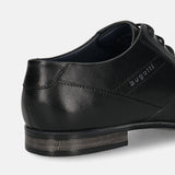 Black premium leather derby shoes by bugatti with a low heel and subtle stitching details.