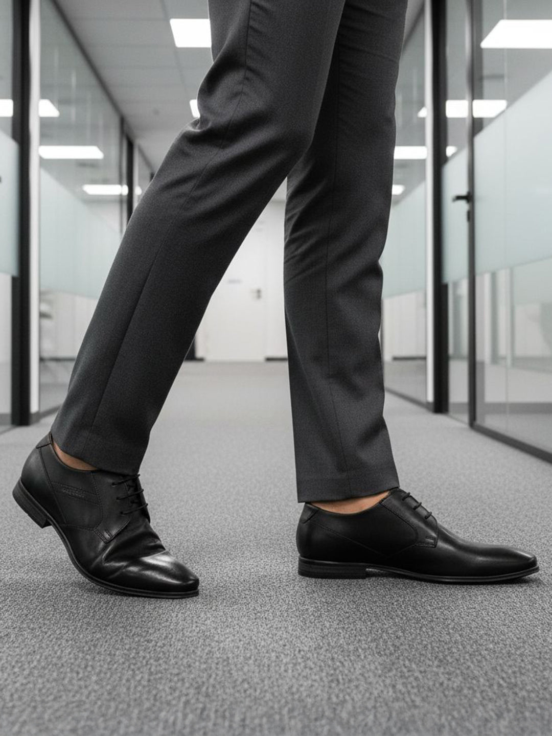 bugatti Morino I black leather derby shoes, paired with grey dress pants, in an office hallway.
