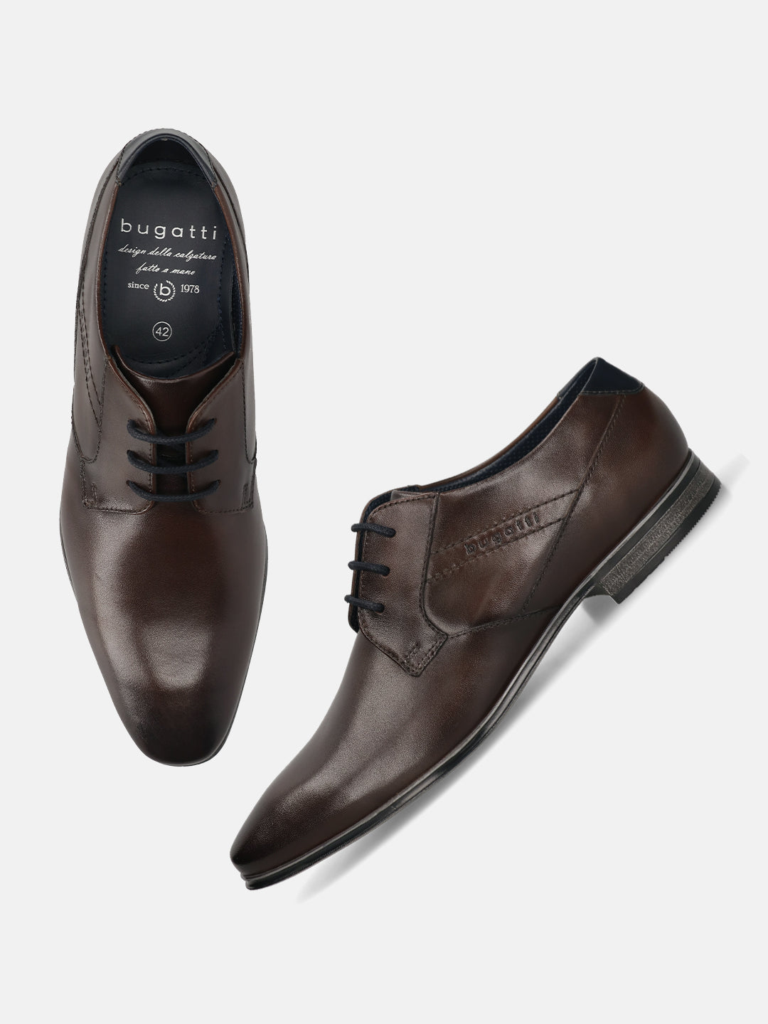 Dark brown premium leather Derby formal shoes by bugatti with tonal laces, and visible branding on the insole.
