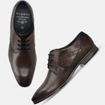 Dark brown premium leather Derby formal shoes by bugatti with tonal laces, and visible branding on the insole.

