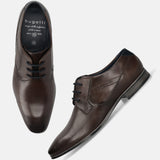 Dark brown premium leather Derby formal shoes by bugatti with tonal laces, and visible branding on the insole.
