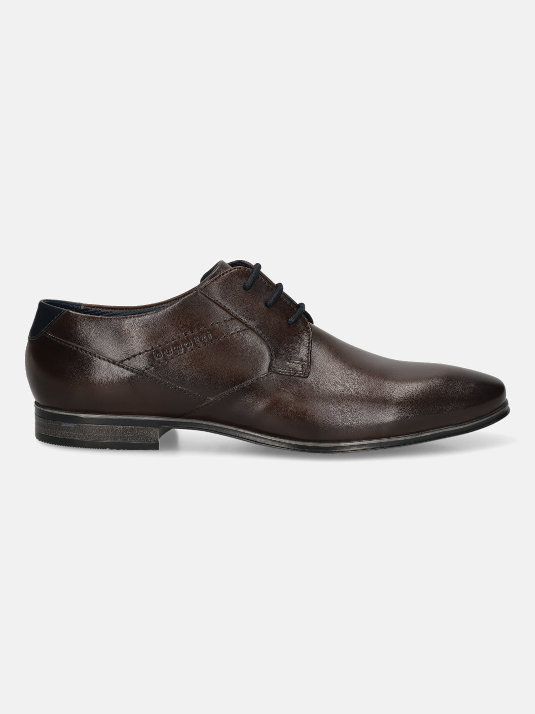 Brown leather formal derby shoes by bugatti with a subtle shine and dark laces, presented in a side view.
