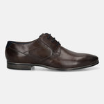Brown leather formal derby shoes by bugatti with a subtle shine and dark laces, presented in a side view.
