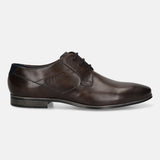 Brown leather formal derby shoes by bugatti with a subtle shine and dark laces, presented in a side view.
