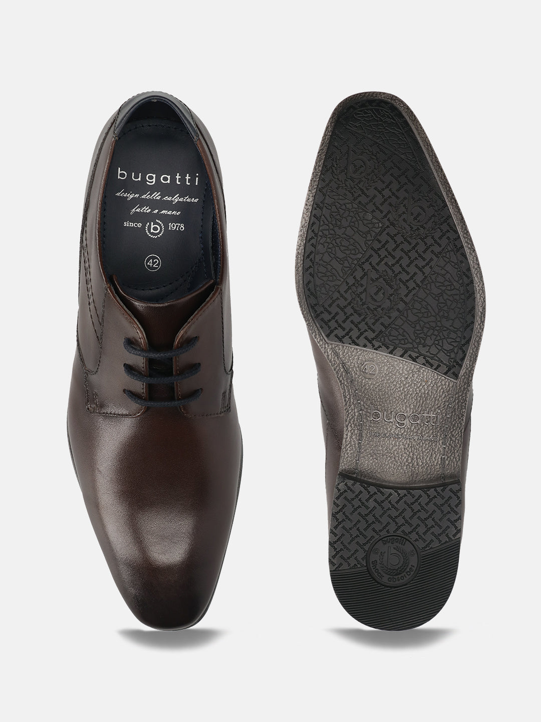 Dark brown leather formal shoes by bugatti with rubber sole showing brand and size details.