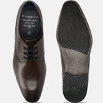 Dark brown leather formal shoes by bugatti with rubber sole showing brand and size details.
