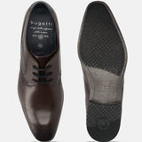 Dark brown leather formal shoes by bugatti with rubber sole showing brand and size details.