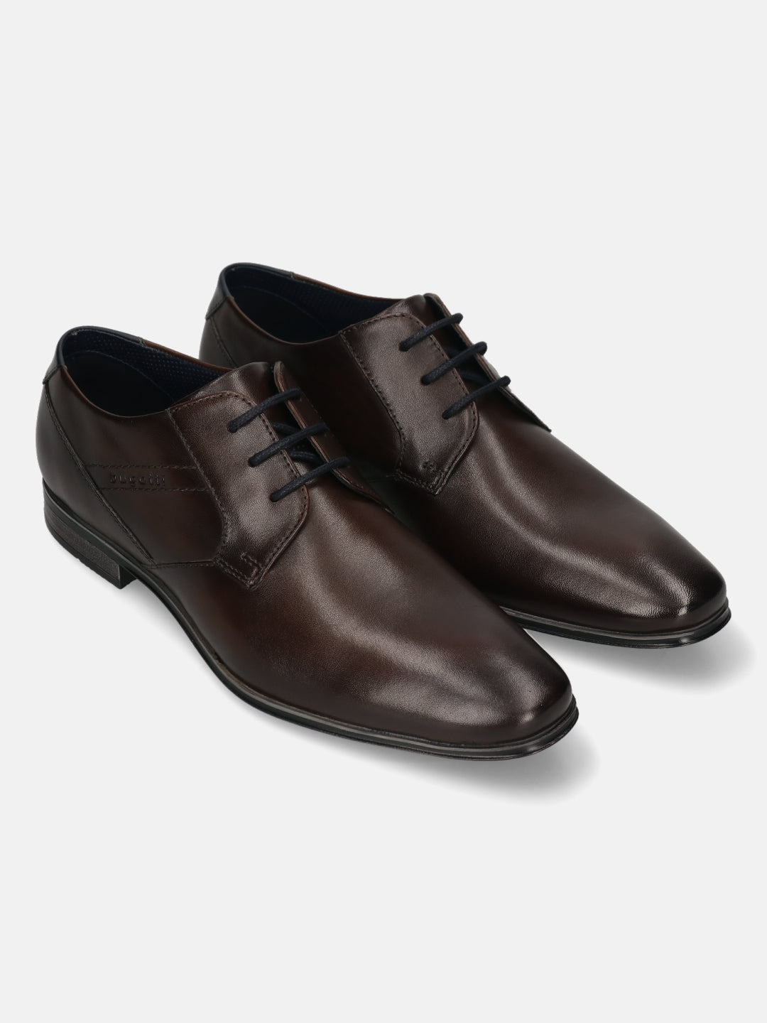 Dark brown leather formal derby shoes by Bugatti, featuring black laces and a subtle, elegant design.

