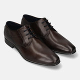 Dark brown leather formal derby shoes by Bugatti, featuring black laces and a subtle, elegant design.
