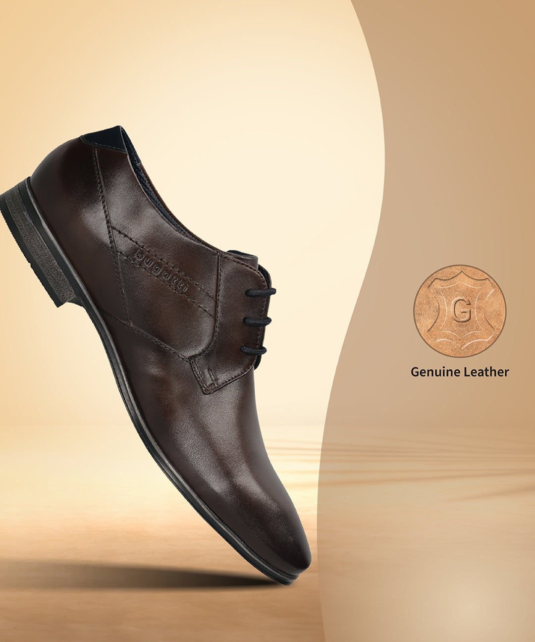 Dark brown premium leather formal derby shoes by bugatti, with black laces, shown against a beige background.