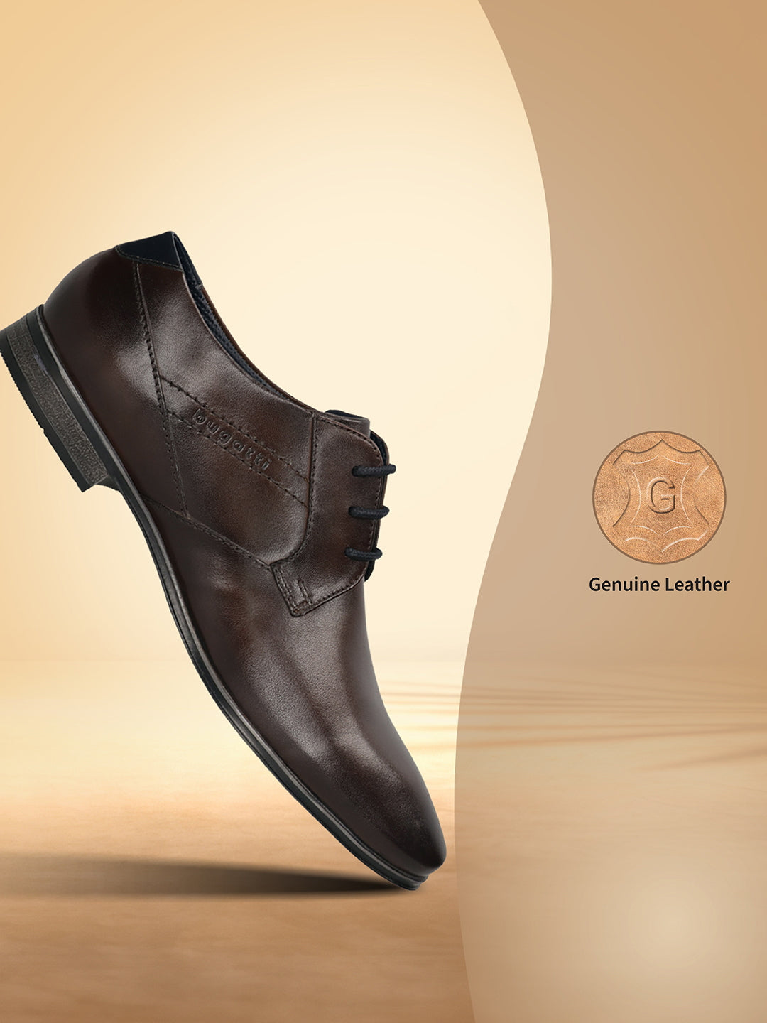 Dark brown premium leather formal derby shoes by bugatti, with black laces, shown against a beige background.