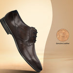 Dark brown premium leather formal derby shoes by bugatti, with black laces, shown against a beige background.