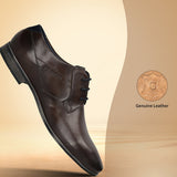 Dark brown premium leather formal derby shoes by bugatti, with black laces, shown against a beige background.