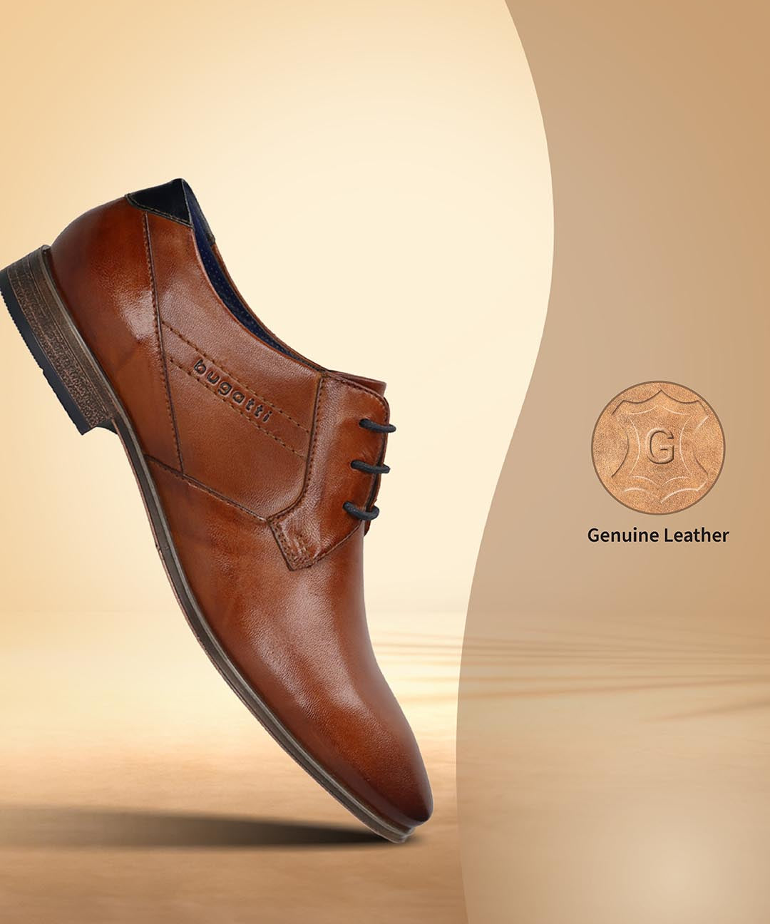 Cognac leather derby shoe by bugatti with black laces, displayed on a gradient background.