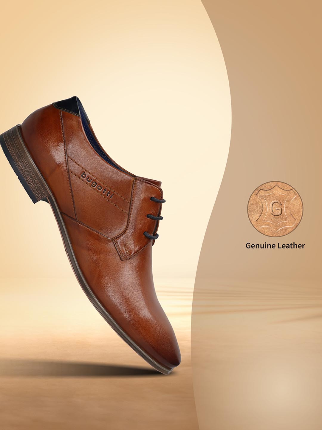 Cognac leather derby shoe by bugatti with black laces, displayed on a gradient background.
