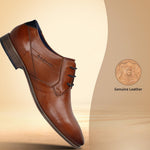 Cognac leather derby shoe by bugatti with black laces, displayed on a gradient background.