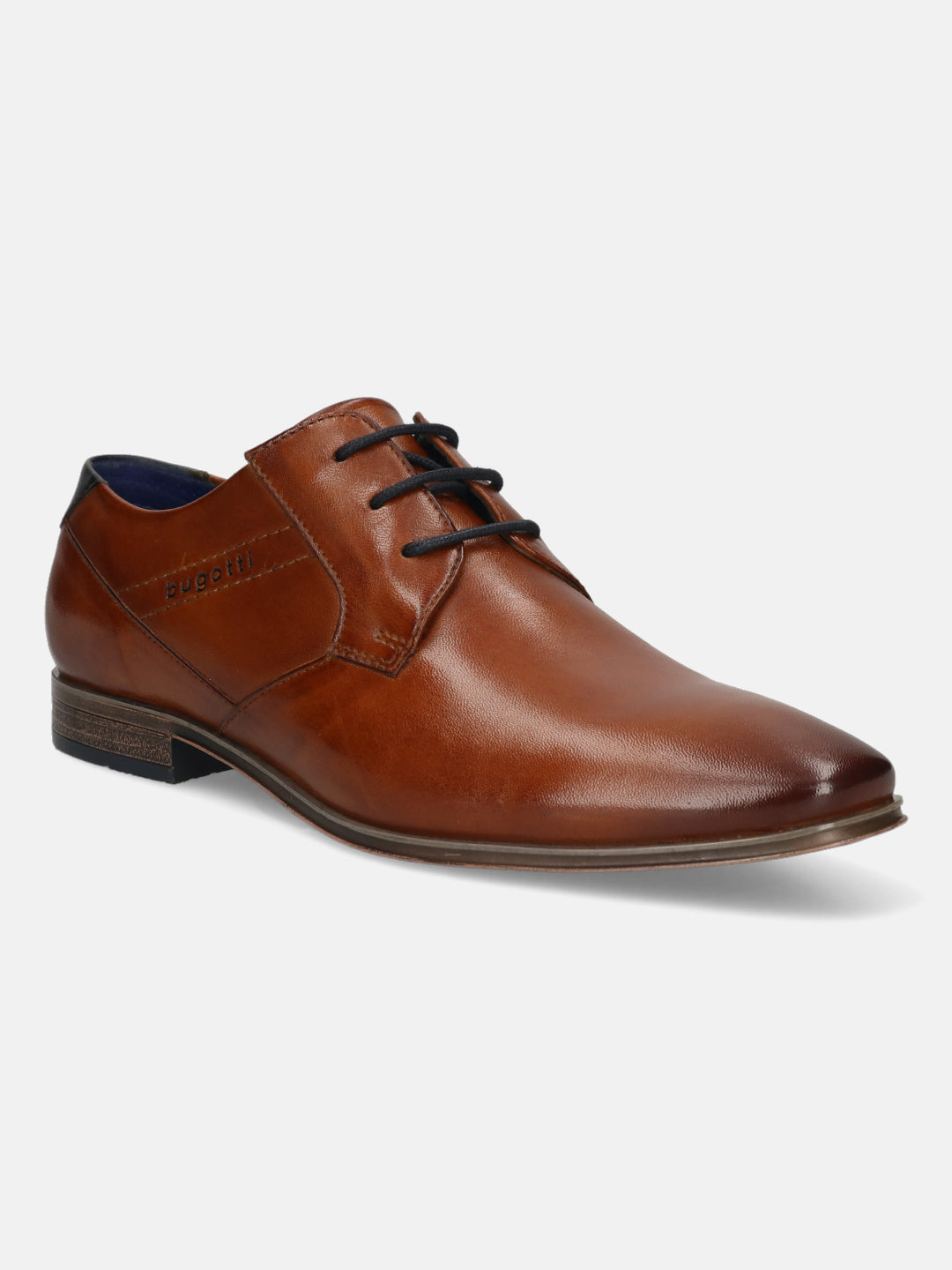 Cognac leather dress shoe by bugatti featuring black laces and subtle stitching details.